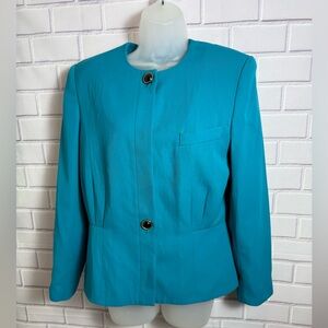 Vintage Kasper for A.S.L. Teal Structured Blazer Peplum Jacket Size 10
